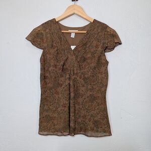Women's Silk Brown Paisley V-Neck Flutter Sleeve Top Boho Fairy Whimsi Romantic